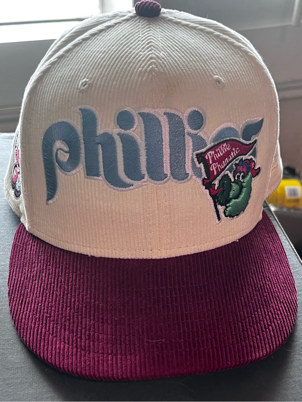 New Era Phillies Cream Corduroy Cap with Maroon Brim and Green Patch